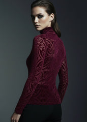 Burgundy Velvet Burnout Damask Long Sleeve Top