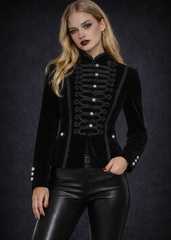 Black velvet gothic military jacket for women with Victorian steampunk design, alternative goth emo outerwear in dark romance style.