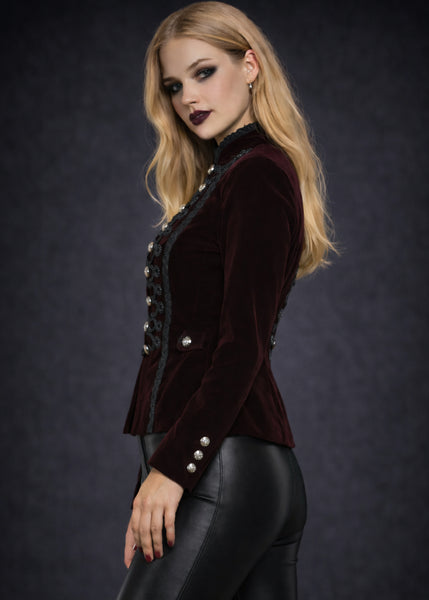 Victorian steampunk red velvet jacket with military silhouette, gothic women’s fashion outerwear for alternative and emo looks