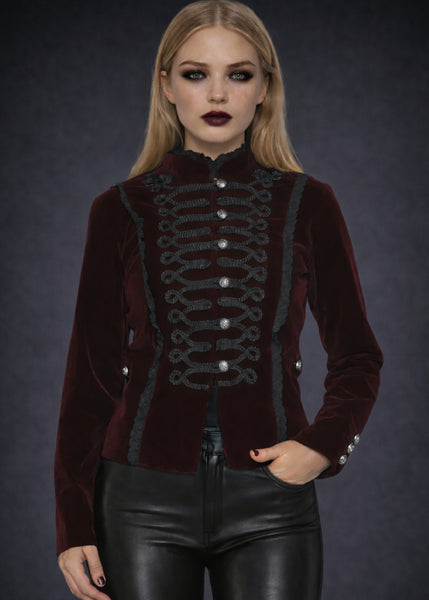 Black velvet gothic military jacket for women with Victorian steampunk design, alternative goth emo outerwear in dark romance style
