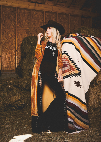 yellow gold velvet kimono boho long pockets longsleeve festival concert outfit country music 