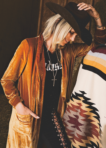 yellow gold velvet kimono boho long pockets longsleeve festival concert outfit country music 