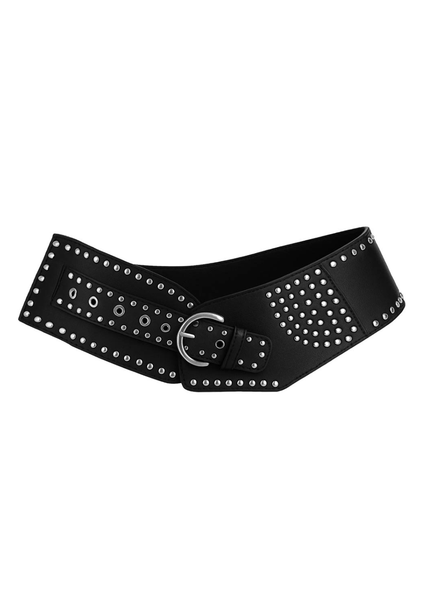Black wide western faux leather studded waist belt with silver buckle – boho cowgirl statement belt festival outfit