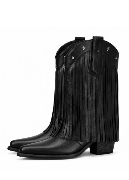 Black fringe cowboy boots for women with star studs and pointed toe
