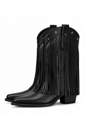 Black fringe cowboy boots for women with star studs and pointed toe
