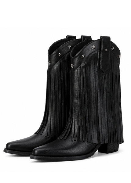 Mid-calf black faux leather cowgirl boots with chunky heel and fringe detail
