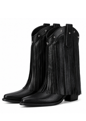 Mid-calf black faux leather cowgirl boots with chunky heel and fringe detail
