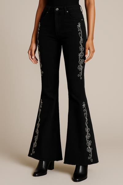 Midnight Rodeo Rhinestone Bell Bottom Jeans – Western Boho Flare Denim, High Rise, Made in USA