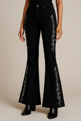Midnight Rodeo Rhinestone Bell Bottom Jeans – Western Boho Flare Denim, High Rise, Made in USA