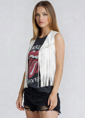 Women’s white western fringe vest in faux suede, open front cowboy layering piece for country concerts and boho fashion