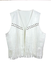White faux suede western vest with fringe detailing, boho festival outfit layering vest for concerts and summer styling