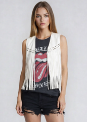 White faux suede fringe vest for women, western open front vest with layered fringe for boho festival and rodeo outfits.