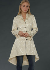 White Victorian Gothic coat with corset lacing back and bell sleeves for women plus size steampunk jacket