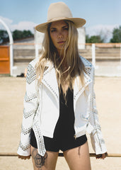 White Faux Leather Moto Jacket with Studs