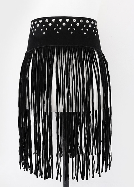 Black Western waist belt with rows of silver-tone studs across a wide back panel and long hanging fringe.