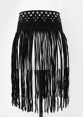 Black Western waist belt with rows of silver-tone studs across a wide back panel and long hanging fringe.