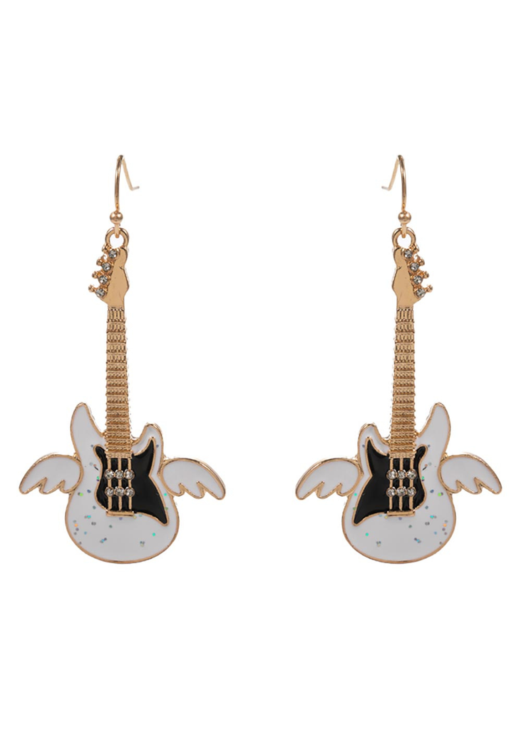 White electric guitar drop earrings with white angel wings, black accents, and gold-tone fish hook wires.