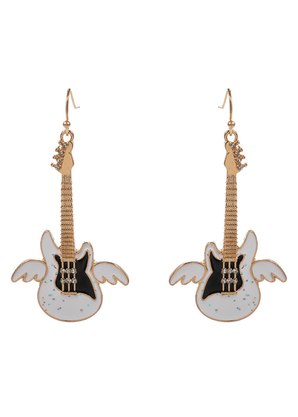 White electric guitar drop earrings with white angel wings, black accents, and gold-tone fish hook wires.