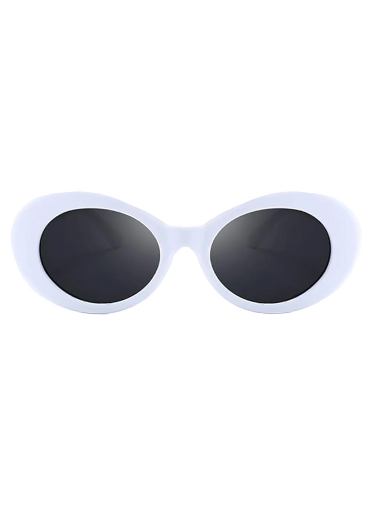 White oval retro 70s sunglasses with rose-tinted lenses – bohemian festival eyewear