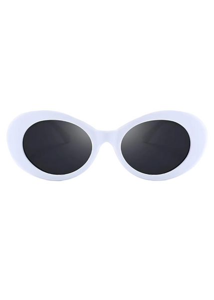 White oval retro 70s sunglasses with rose-tinted lenses – bohemian festival eyewear