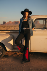 Women's rock n roll bell bottom pants with red flame design, cowgirl flare pants for concert outfits and festivals
