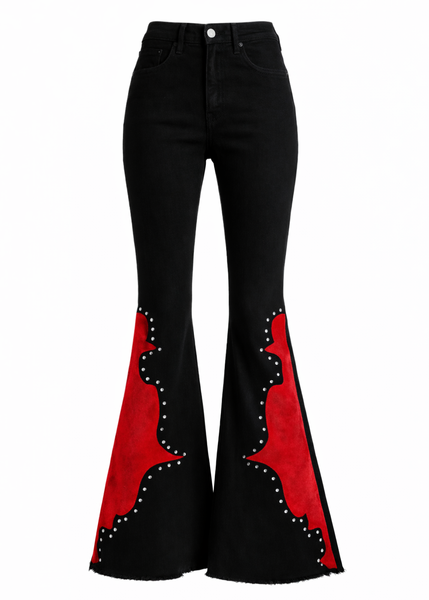 Retro 70s inspired flame bell bottom pants for women, edgy rock star outfit with high waisted flare silhouette