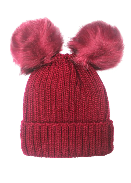 Burgundy Double Pom Beanie Hat