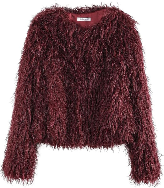 burgundy shaggy jacket faix fur festival boho womens rockstar wife penny lane rocker 