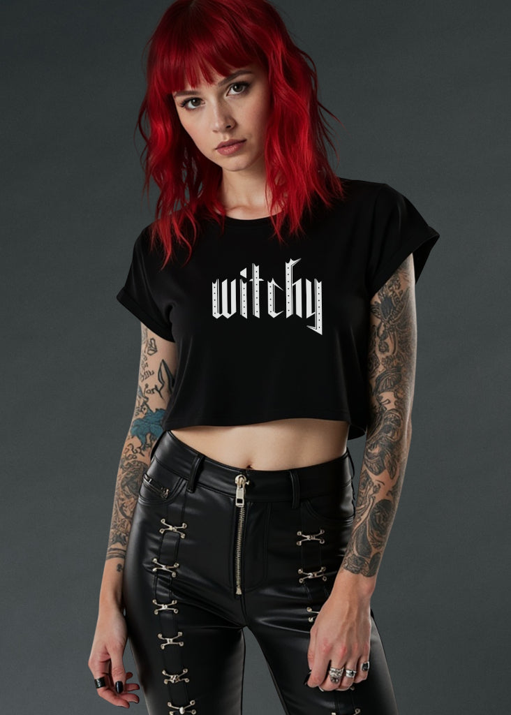 Black women’s cropped t-shirt with bold Witchy letter print, gothic crop top for alternative fashion outfits