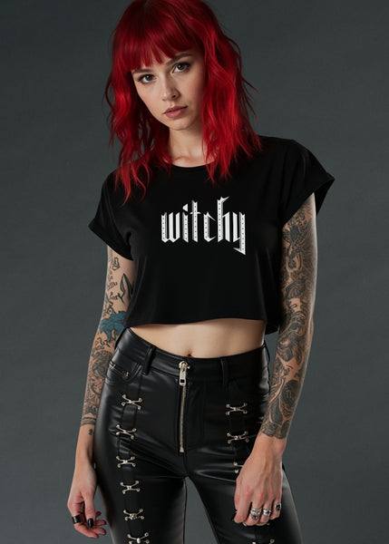 Black women’s cropped t-shirt with bold Witchy letter print, gothic crop top for alternative fashion outfits