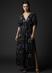 Black witchy maxi dress with mystical forest print, snakes, mushrooms, potion bottles and gothic botanical details