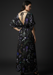 Alternative witchy maxi dress featuring snakes, mushrooms, crystals, potion bottles and dark forest botanical artwork