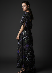 Alternative witchy maxi dress featuring snakes, mushrooms, crystals, potion bottles and dark forest botanical artwork