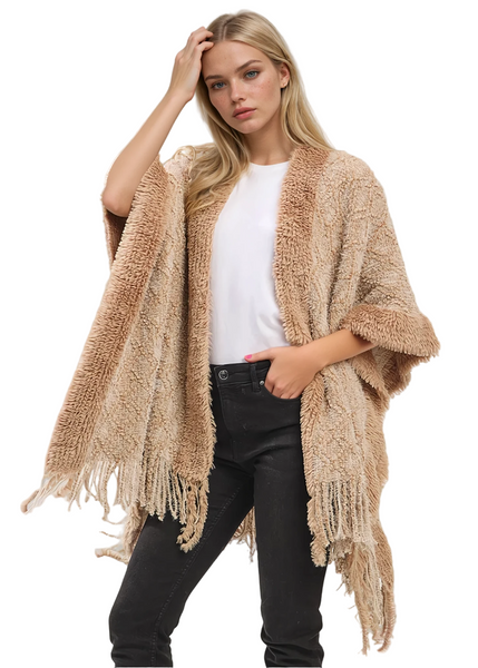 beige fringed cardigan boho duster plush shaggy faux fur festival country 