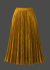 A pleated midi skirt in a rich mustard yellow velvet fabric, shown against a solid dark gray background.