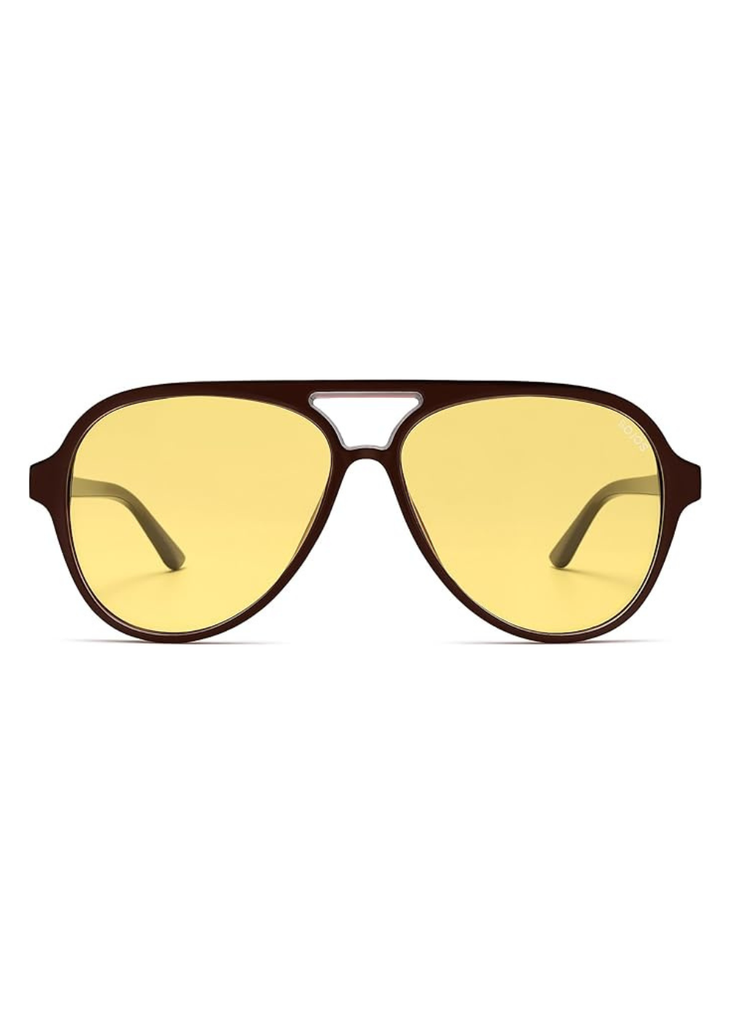 Aviator sunglasses with yellow lenses on a white background
