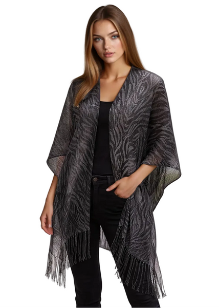Black zebra print chiffon kimono with fringe hem — boho festival duster