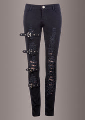 Black Denim Ripped Skinny Jeans with Buckles