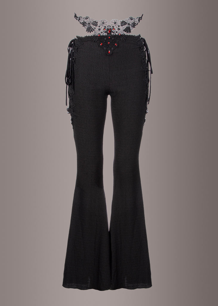 Damask Lace Up Flare Pants Men - Gothic Black Pants