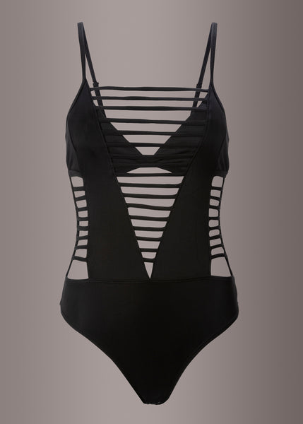 black strappy swimsuit