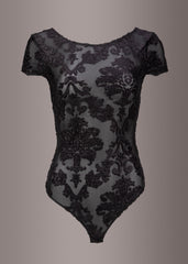 Sheer Short Sleeve Bodysuit with Velvet Brocade Design