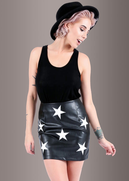Black Faux Leather Mini Skirt with White Star Embellishments