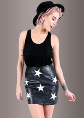 Black Faux Leather Mini Skirt with White Star Embellishments