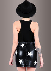 Black Faux Leather Mini Skirt with White Star Embellishments