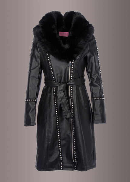 Black studded vegan leather coat with faux fur lining and silver studs - women's moto jacket