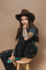 Highway Star Black Denim Star Print Ripped Flare Jeans Bell Bottoms