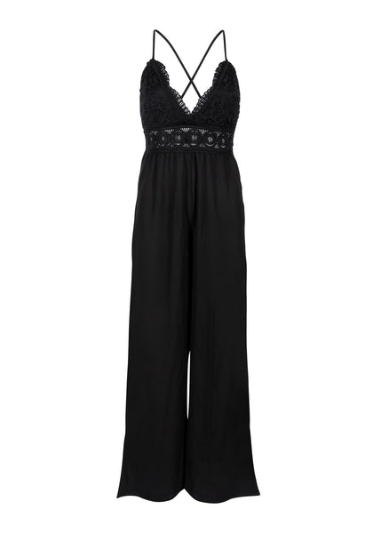 Sleevesless Black Lace Jumpsuit with Deep V