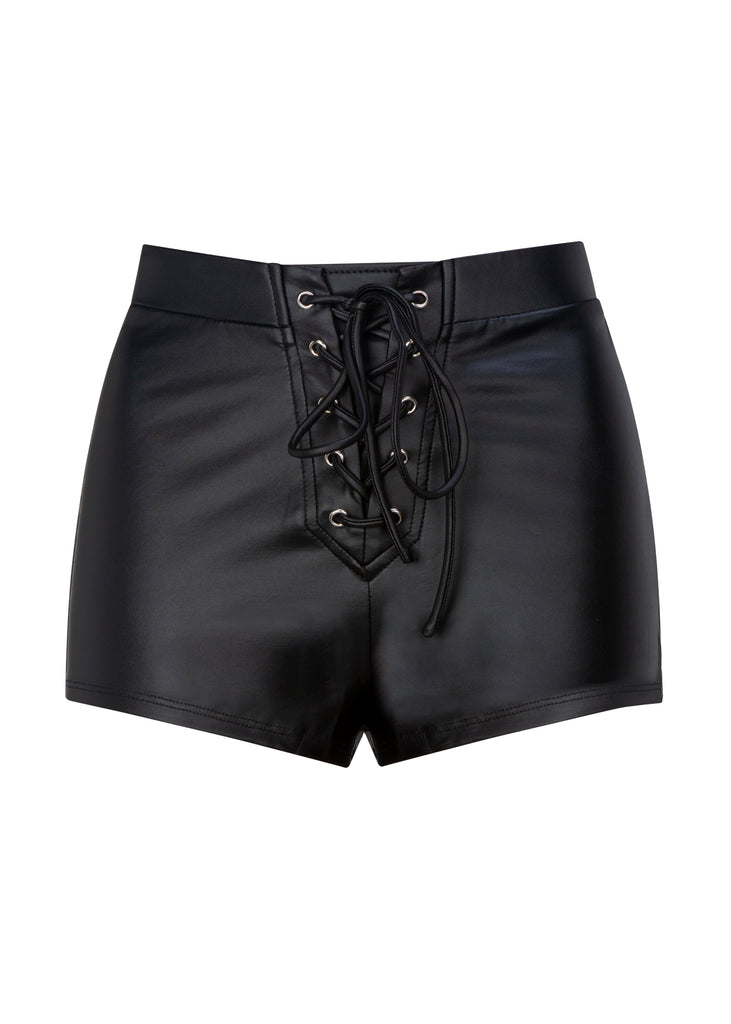 Black Faux Leather Shorts with Lace Up Detail