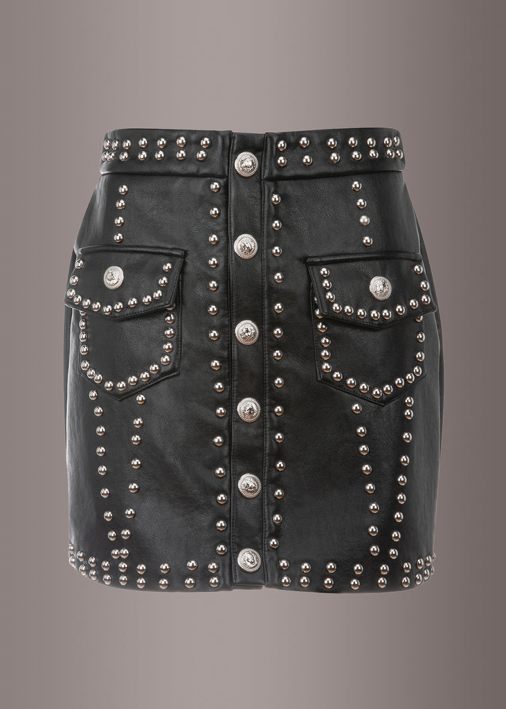 Shop Black Faux Leather Mini Skirt with Studs Pretty Attitude