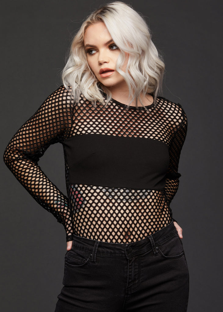 Black Fishnet Bodysuit, Sheer Mesh See Through Bodysuit Top